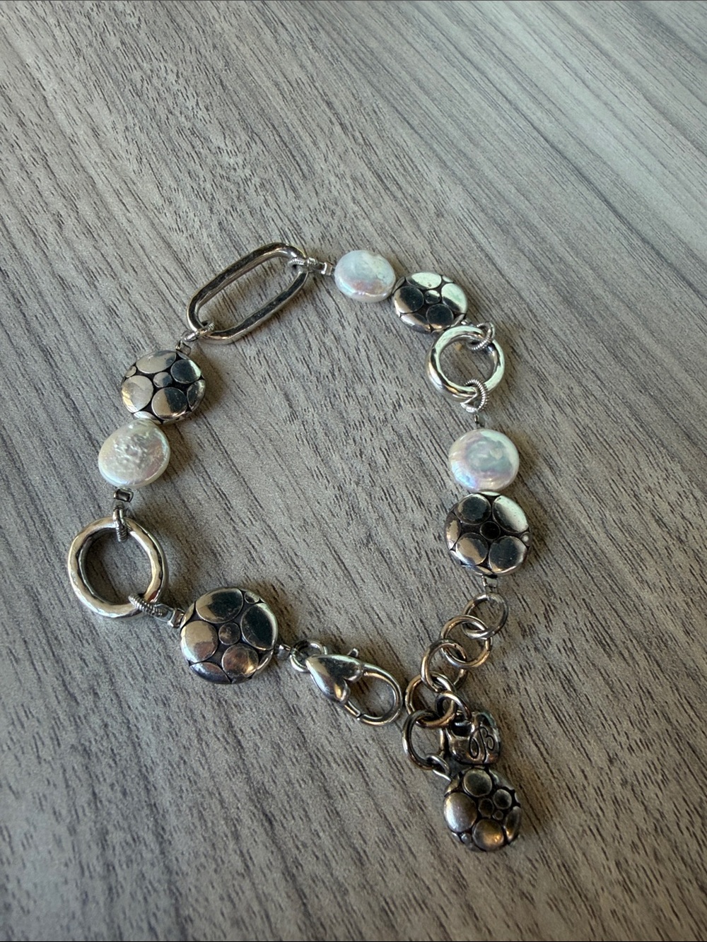 Brighton Silver-Tone Floral Link Bracelet with White Pearls